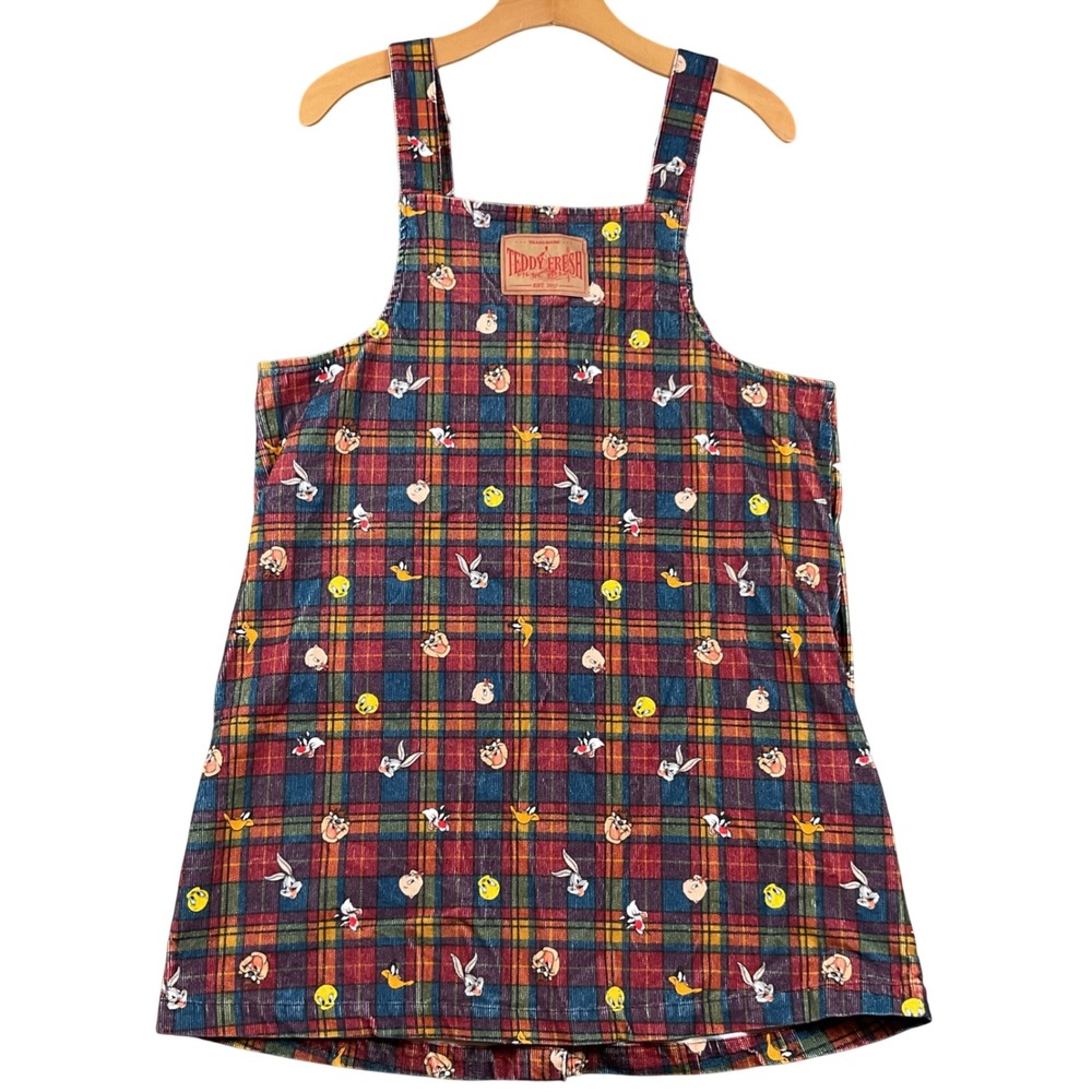 Teddy Fresh Looney‎ Tunes Plaid Overall Dress Bugs Bunny Tweety Kids Size L